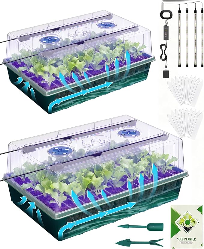 2PCS 120 Cell Self-Watering Seed Starter Tray Kit with Grow Light Humidity Dome,120-Cell Large Plant Seedling Tray, 3 Color Growing Light, Seed Starting Trays for Plant Germination（2PCS, 120 Cell）