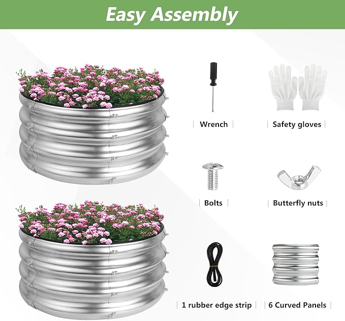 2 Pack 2x2x1ft Round Galvanized Raised Garden Bed Kits, Raised Garden Beds Metal Planter Outdoor Easy Assembly Garden Bed for Planting Vegetables, Fruits & Flowers, Sliver