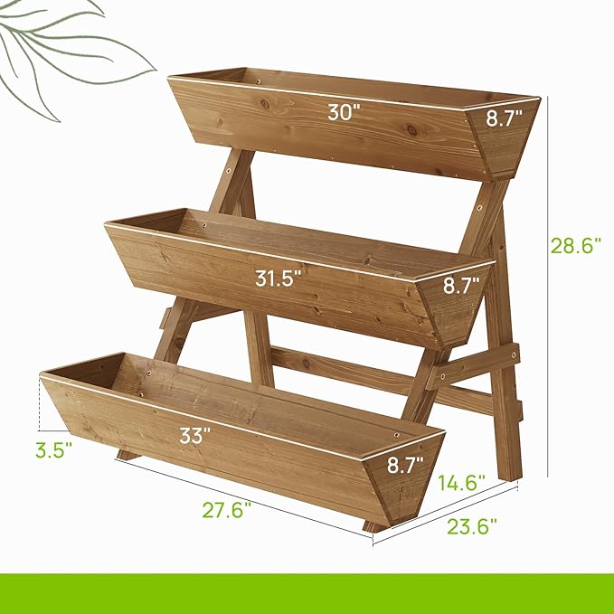 3-Tiers Wooden Raised Garden Bed Tiered Planter Box Flower Pots Vertical Garden Planter Wood Plant Stand for Vegetables Flowers Herbs for Patio, Balcony, Freestanding (Brown L)