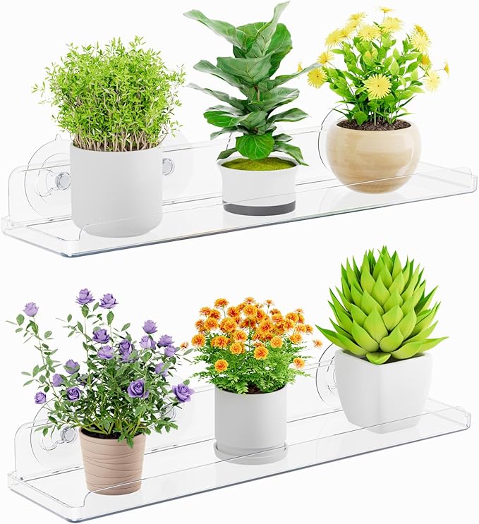Lifewit Window Plant Floating Shelves 14.6x3.6, 2 Pack Acrylic Suction Cup Shelf, Window Sill Extender for Indoor Succulent Plants, Micro Greens, Seed Starter Pots, Herb Planters 37 x 9 cm/14.6x3.6