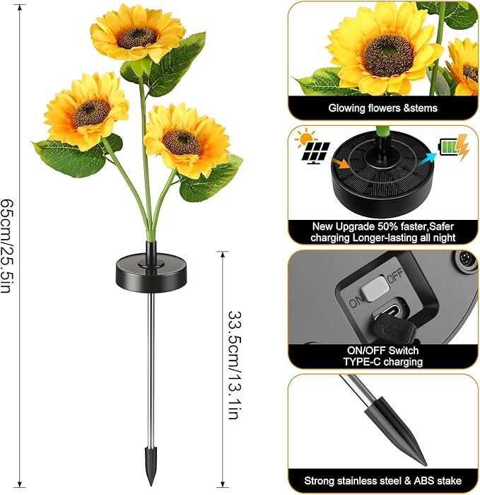 Upgraded Solar Sunflower Lights, 2 Pack Solar Garden Lights with Bigger Round Panel, 40-Hour Runtime for Indoor & Outdoor Decor, Waterproof for Patio Yard Garden