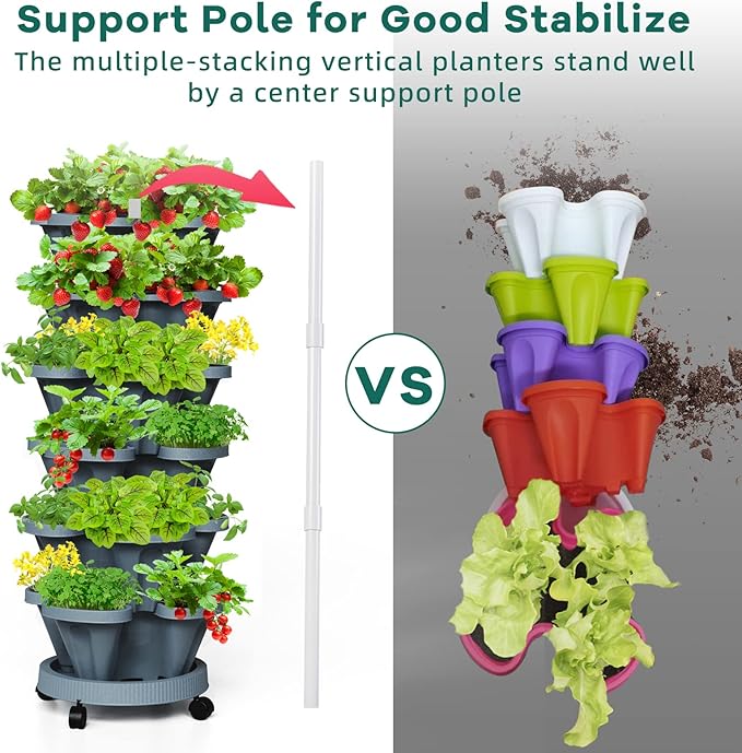 Strawberry Vertical Planters Tower Garden 3 Pack, 7 Tiered Stacking Herb Vegetable Planter with Support Pole Indoor and Outdoor - Dark Grey