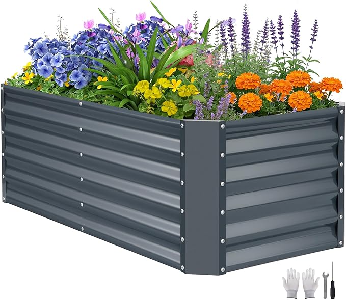 ZORMY 4×2×1.4ft Galvanized Raised Garden Bed Kit, Metal Planter Boxes Outdoor, High Raised Beds for Vegetables, Fruits, and Flowers - IronGrey