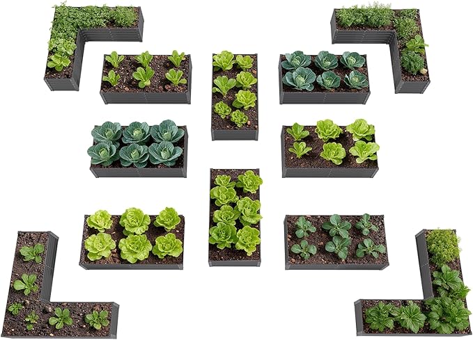 A ANLEOLIFE Set of 12 18 Inch Tall Raised Garden Beds Kit, Rectangular & L-Shaped Combo Metal Planters – Ideal for Backyard DIY Creative Layouts, Quartz Grey