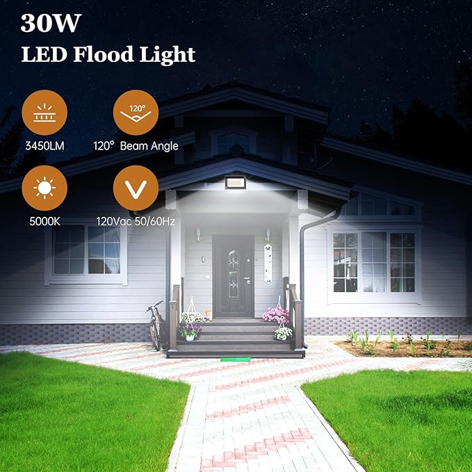 dephen 30W LED Flood Lights Outdoor with Bracket Mount, 3450Lumen 120V Security Lighting, 5000K IP65 Waterproof Wall Pack Floodlight for Garden Yard Patio Porch (UL-Listed)
