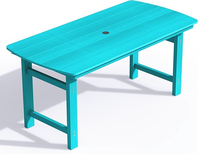 Ciokea HDPE Outdoor Dining Table with Umbrella Hole,66" Rectangle Patio Table for 6,All-Weather Outdoor Patio Furniture Set for Garden Backyard, Lake Blue