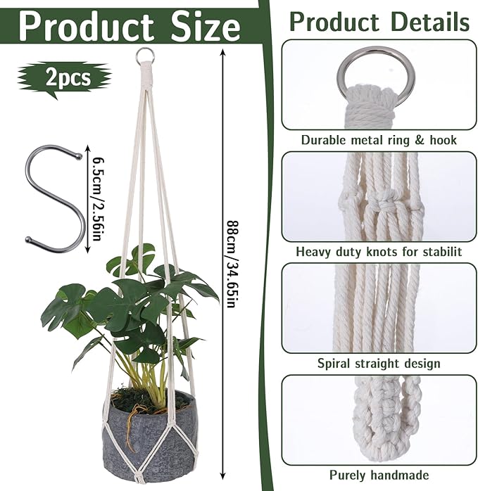 2 Pcs Hanging Planter Macrame Plant Hanger with Metal Ring Plant Holder Hanging for Indoor Plants Boho Home Decor Decorative Braided Cotton Rope Flower Pot Holder