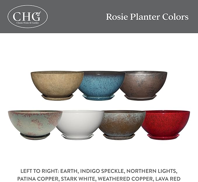Classic Home and Garden Rosie Modern Planter w/Drainage - Contemporary Planter Bowls - Shallow Round Vases for Small Plants - Versatile Indoor & Outdoor Pots (10” Weathered Copper)