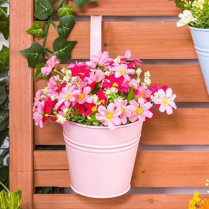 OBTANIM 12 Pack Metal Hanging Flower Pots Railing Planter Outdoor Fence Hanging Bucket Plant Holder with Detachable Hooks Drain Holes for Home Garden Yard Decor (Mixed Color, 4 x 4 Inch)