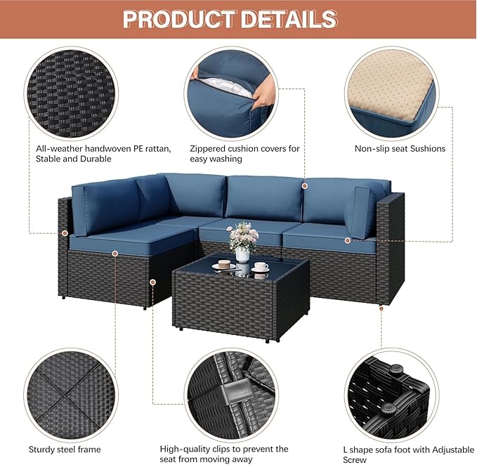 JAMFLY Patio Furniture Sets, 6-Piece Outdoor Patio Furniture with 43'' Propane Gas Fire Pit Table, Wicker Outdoor Conversation Set Sectional Sofa for Backyard, Poolside, Garden, Aegean Blue