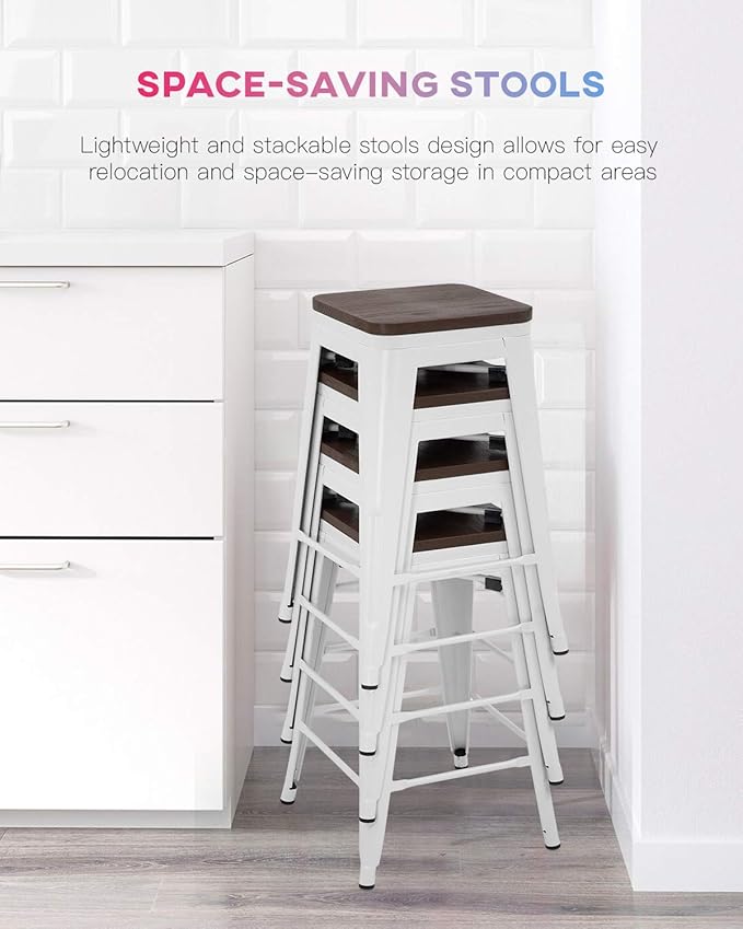 FDW Metal Bar Stools Counter Height Barstool Stackable Barstools Indoor Outdoor Patio Bar Stool Home Kitchen Dining Stool Backless Bar Chair (White with Wood, 24")