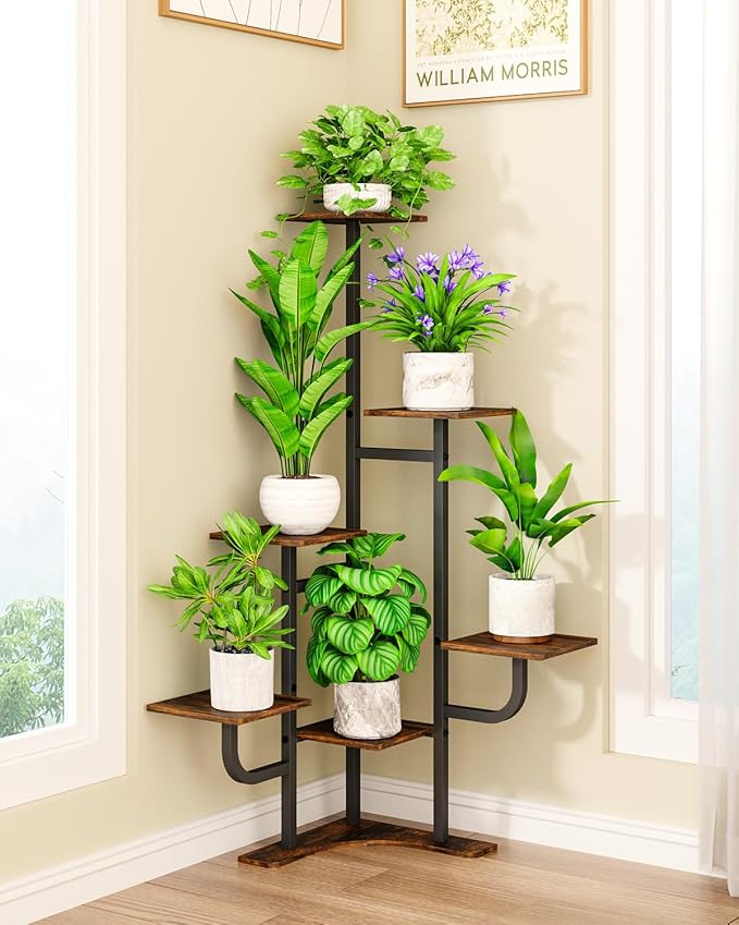 Corner Plant Stand Indoor - 6 Tiered Indoor Plant Stand Square Metal Plant Shelf, Plant Organizer for Living Room, Graden, Balcony, Home Decor (Brown)