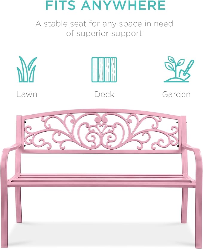 Best Choice Products Outdoor Bench Steel Garden Patio Porch Furniture for Lawn, Park, Deck w/Floral Design Backrest, Slatted Seat - Pink