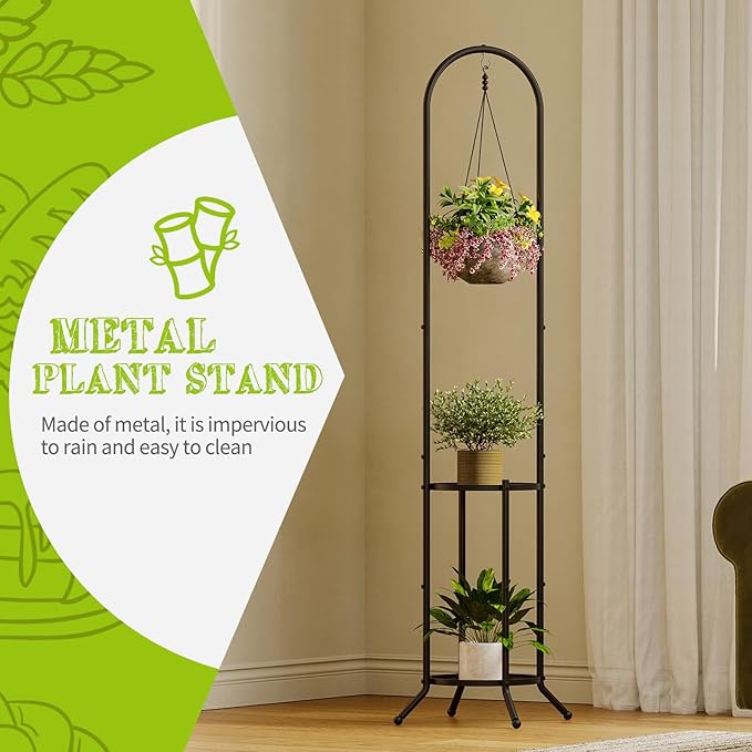 BMOSU Plant Stand with Hooks Indoor Outdoor Corner Tall Plant Stand Heavy-Duty Metal 3-Tier Plant Shelf Holder Rack for Patio Garden Balcony Living Room Bedroom(circular Black)