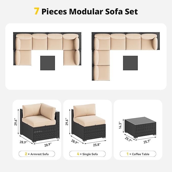 Aoxun Patio Furniture Set, 7 Piece Outdoor Sectional Sofas with Waterproof Cover, Wicker Rattan Outdoor Furniture Patio Conversation Set for Backyard, Garden Begin