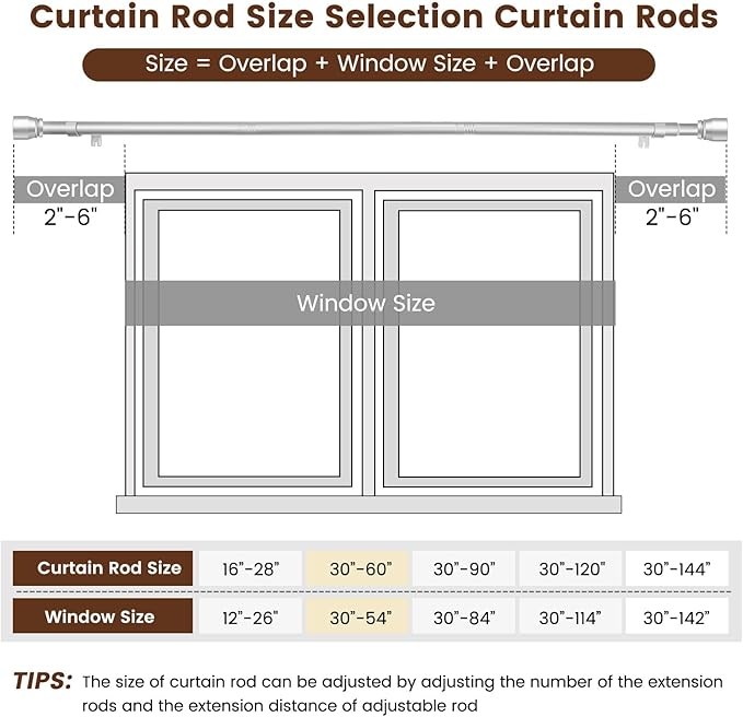 1” Diameter Silver Curtain Rod Itself is 30-60 inch 2 Pack, Fit 30 to 56 Windows with Heavy Duty Adjustable Telescopic Rod，Splicing Metal Extra Long Curtain Rod for Windows Sliding Glass Door
