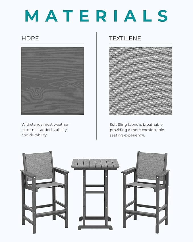 SERWALL 3 Pieces Textilene Adirondack Bar Set, Tall Adirondack Bar Height Chairs with Bar Table, Sling Balcony Adirondack Chairs, Weather Resistance Resin Outdoor Bar Height Stools, Gray