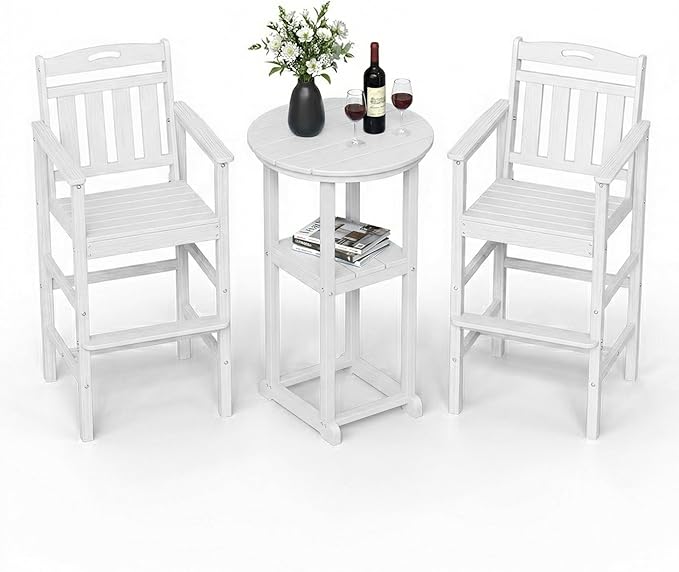 Ciokea 3-Pcs Bistro Table and Chairs, All-Weather Round High Top Bar Table with Storage Shelf and 2 Oversized Adirondack Chairs, Heavy Duty Outdoor Bar Set Patio Bistro Set for Balcony Deck, White