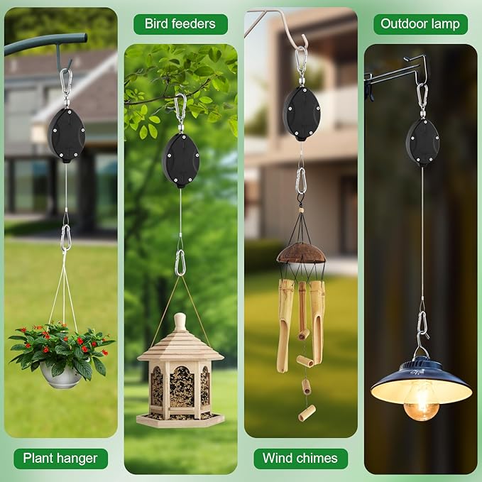 1 Pack Heavy Duty Retractable Plant Hangers, Adjustable Pull-Down Pulleys with 63" Stainless Steel Rope, Double Hooks for Hanging Plants, Bird Feeders, Planters & Pots, Indoor & Outdoor Use