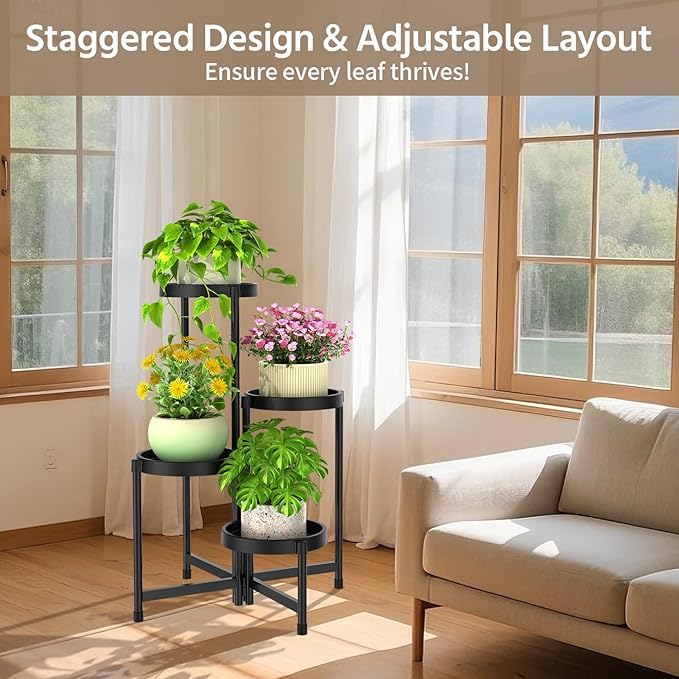 LASZOLA 4 Tiered Folding Plant Stand Indoor for Multiple Large Planter, Tall Heavy Duty Adjustable Rack with Rust Proof Plastic Shelving, Sturdy Vertical Tree Organizer for Narrow Inside Floor, Black