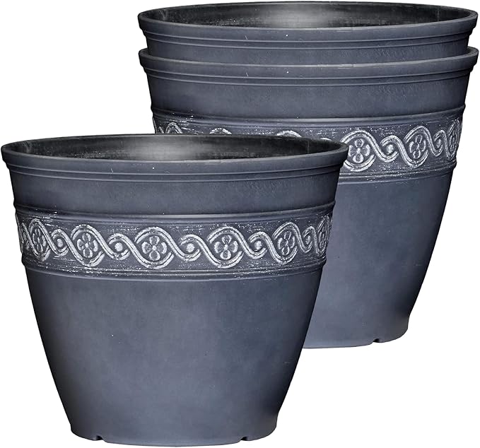 Classic Home and Garden Corinthian Round Resin Flower Planter Pot, Storm Gray 8" (Pack of 3)