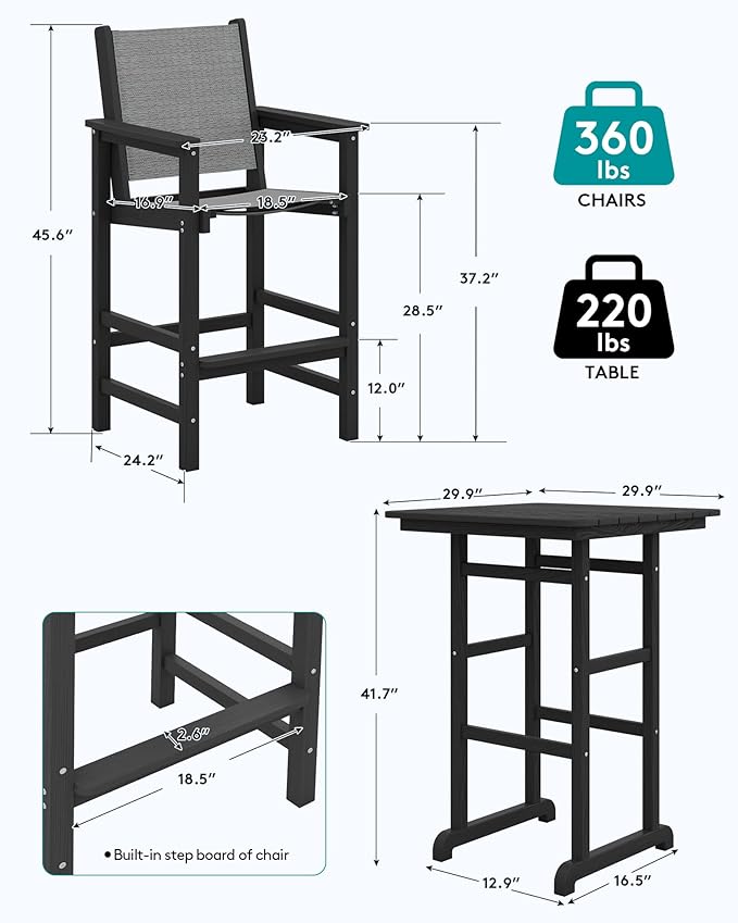 SERWALL Textilene Adirondack Bar Chairs Set of 2, Tall Adirondack Bar Height Chairs, Sling Balcony Adirondack Chairs, Weather Resistance Resin Outdoor Bar Height Stools, Black