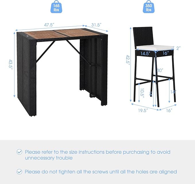 Tangkula 5 Piece Patio Wicker Bar Set, Patiojoy Outdoor Acacia Wood Bar Height Table & 4 Rattan Bar Stool Chairs with Backrest and Footrest, Outdoor Dining Bistro Set