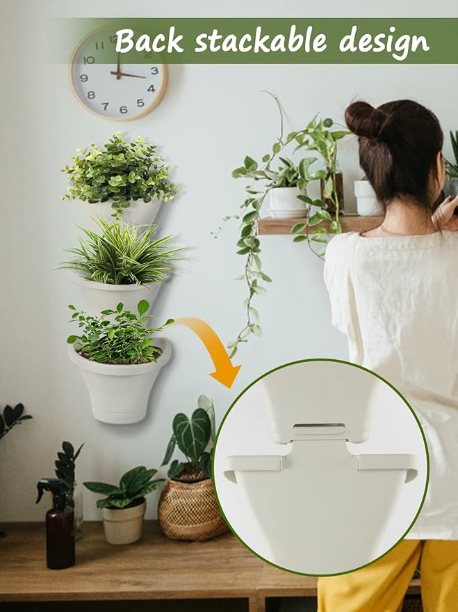 MADHOLLY 6Pcs Vertical Hanging Planters for Outdoor Plants - Wall Plant Holder for Indoor Decorations Garden Fence, Plastic Flower Pots with Drainage Grid and Hooks (White)