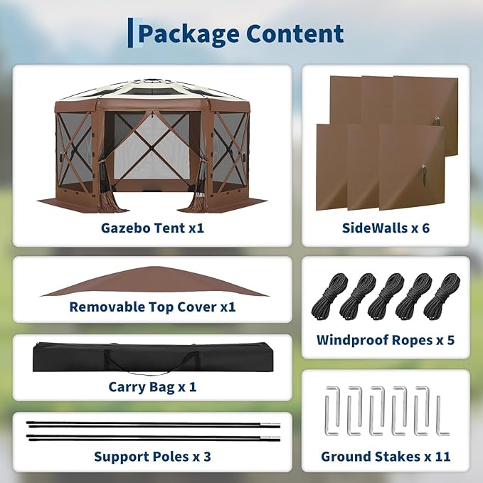 11.5x11.5FT 6-Sided Pop Up Gazebo Tent，One-Push Setup Canopy Tent with Mesh Panels & Removable Wind Cloths, Outdoor shelter for Camping, Backyard Parties, Outdoor Events - Beige & Khaki