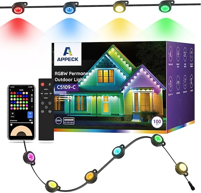 APPECK Permanent Outdoor Lights 100ft with 72 LEDs, DIY Scene Modes, Smart RGBW String Lights Waterproof, App/Remote Control for Christmas, Holiday, Alexa/Google Assistant Compatible, Black