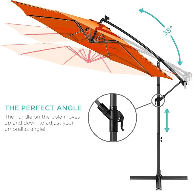 Best Choice Products 10ft Solar LED Offset Cantilever Hanging Market Patio Umbrella, 8 Sturdy Ribs, Easy Adjustment - Orange