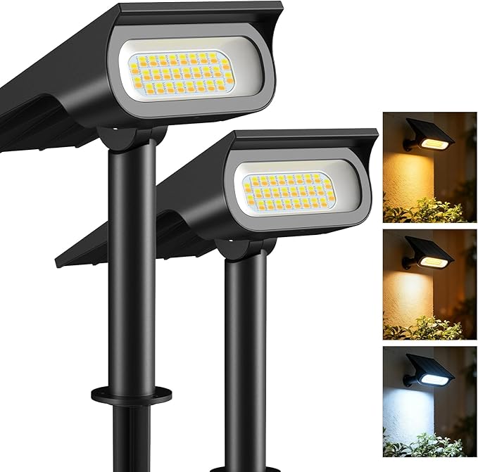 Solar Light Outdoor Waterproof IP65, 56 LED 3 Color Modes Solar Spot Lights Outdoor, Solar Powered Garden Lights for Outside Landscape Pathway Yard House Patio Garage Driveway Tree, 2Pack