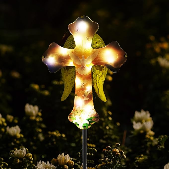 Solar White Dove Cross Garden lamp - Angel Wing Memorial Decoration, Waterproof Cemetery Solar Wooden Stake lamp for Easter, Courtyard, Yard - A Sympathetic Gift for Loved Ones.