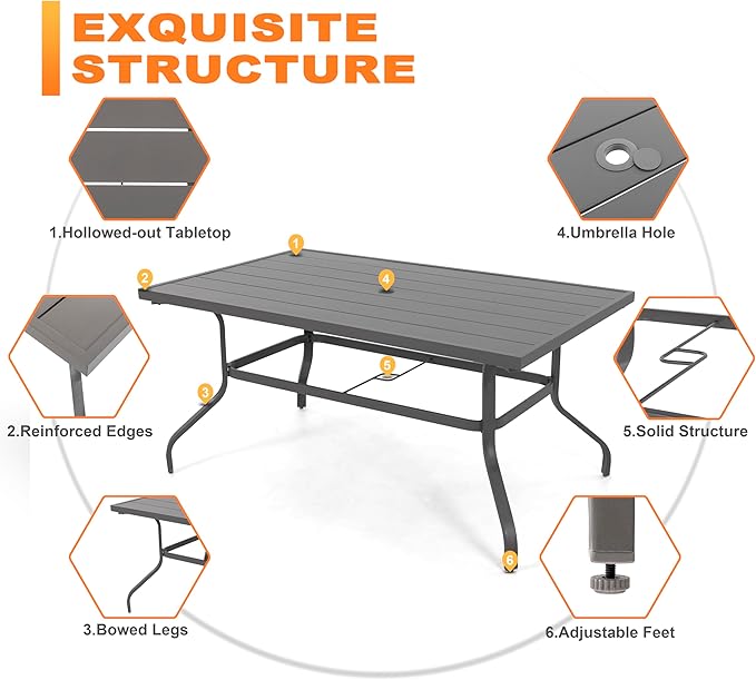 NUU GARDEN 7-Piece Outdoor Dining Table Set, All Weather Table with Umbrella Hole & 6 Patio Textilene Chairs - Outdoor Furniture for Porch, Backyard, Garden, Poolside and Deck