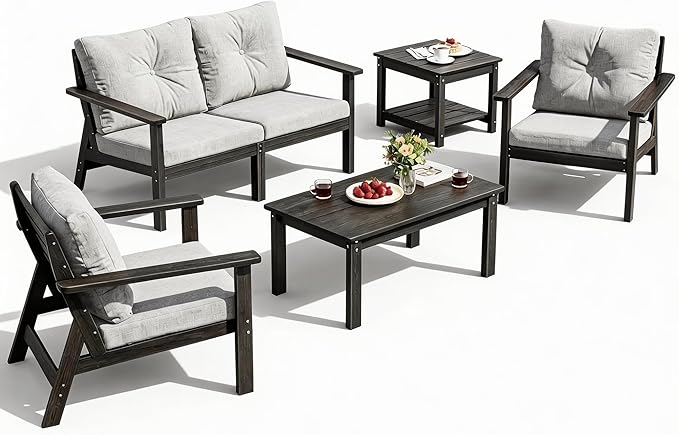 6-Piece HDPE Patio Furniture Set, Outdoor Sectional Sofa Set,All Weather Outdoor Couch with Dust-Free Cushions, Durable Patio Conversation Sets for Balcony, Porch, Black
