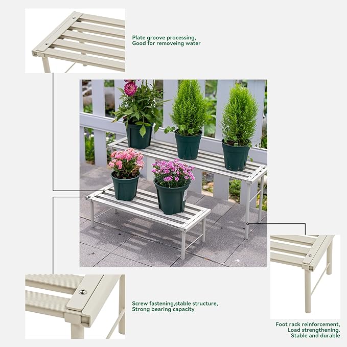 Metal Plant Stand, Rust-proof Aluminum Flower Pot Stand, Heavy Duty Planter Display Shelving for Patio Balcony Garden Living Room Decorative (White, 47.2 Inch)