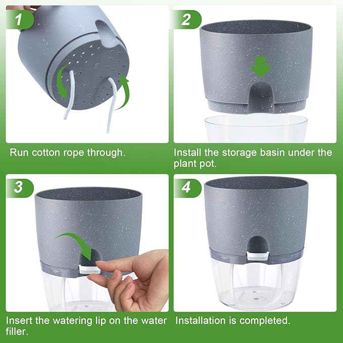6 Inch Self Watering Pots for Indoor Plants, 6 Pack Grey Plastic Flower Pots with Drainage Holes for African Voilet Herbs All House Plants (Include 1 Spray Bottle)