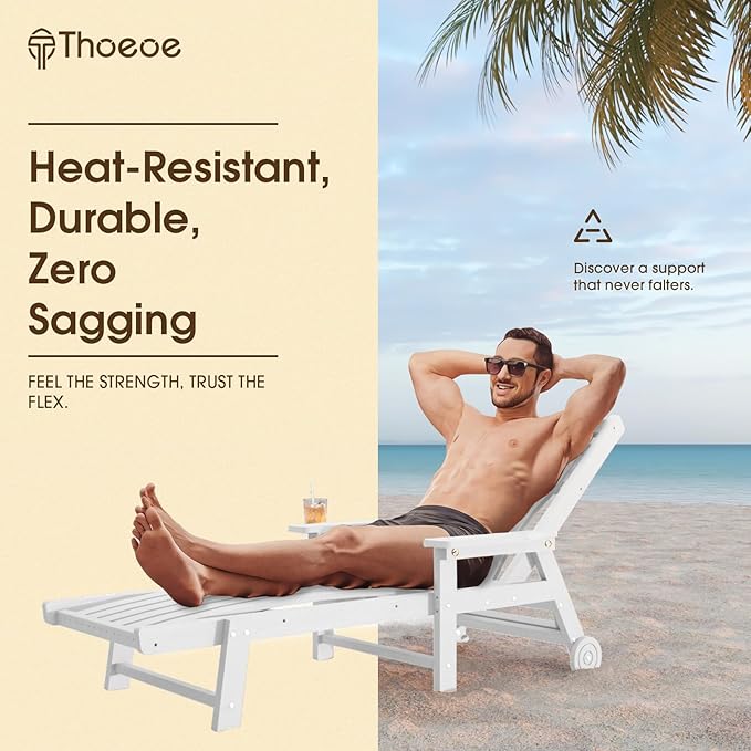 Patio Chaise Lounge Chair Set of 2, Oversized Lounge Chair Outdoor with 5 Positions, HDPE, Patio Lounge Chair with Wheels & Cup Holder for Pool, Deck, Poolside,White