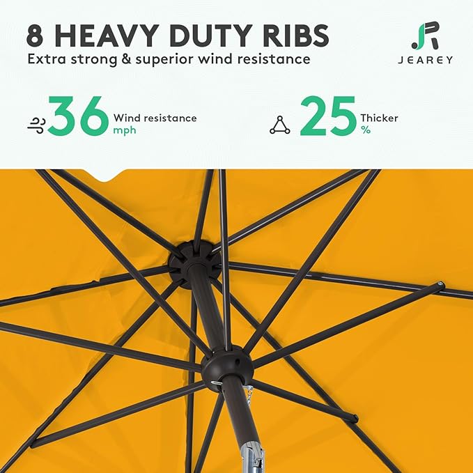 JEAREY 9FT Outdoor Patio Umbrella Market Umbrella with Push Button Tilt and Crank, Outdoor Table Umbrellas 8 Sturdy Ribs UV Protection Waterproof for Garden, Deck, Backyard, Pool (Bright Orange)