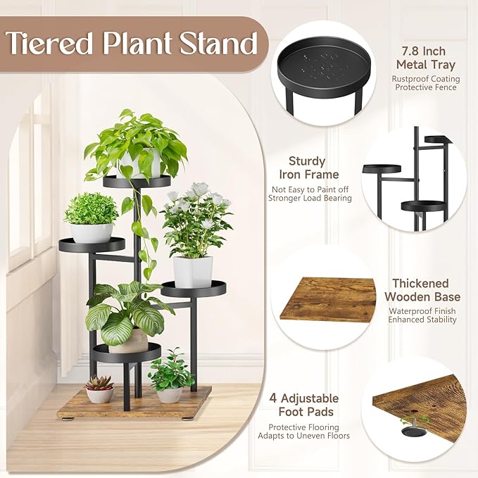 iDavosic.ly 4 Tier Plant Stand Indoor, Tiered Corner Flower Holder Shelf Outdoor, Metal Tall Orchid Display Rack for Patio Porch Garden Balcony Office Living Room, Modern Black & Rustic Brown