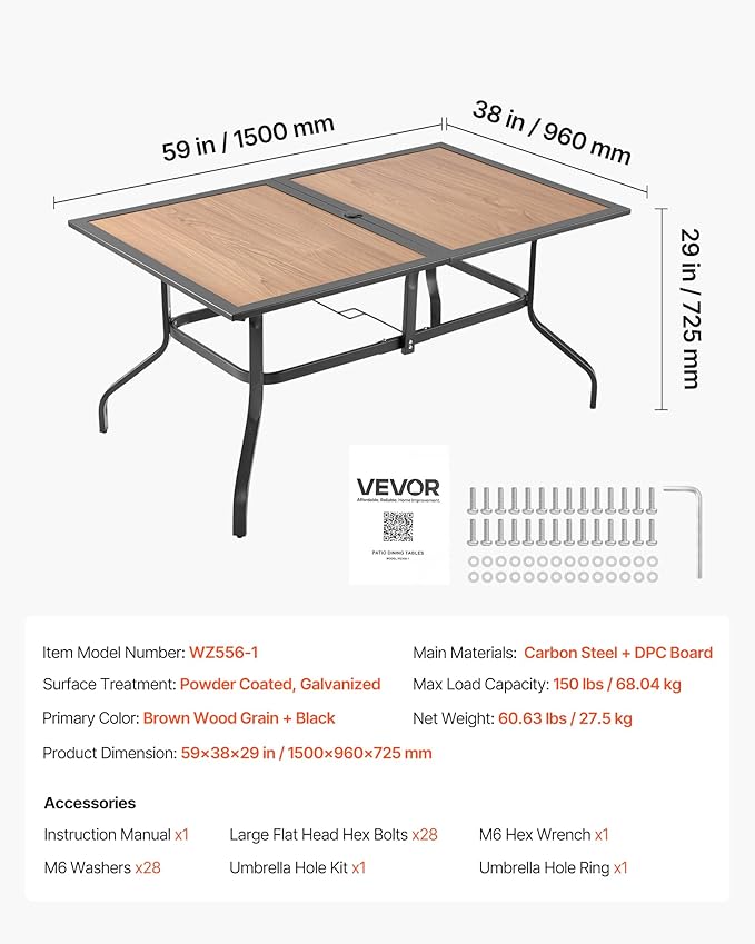 VEVOR Outdoor Patio Dining Table, 59 inch Long Rectangular Wood-Like Steel Slat Backyard Bistro Tables for 4-6, with 1.5 in Umbrella Hole, All-Weather Large Furniture for Lawn Garden Porch, Brown
