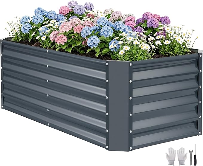 ZORMY 4×2×1.4ft Galvanized Raised Garden Bed Kit, Metal Planter Boxes Outdoor, High Raised Beds for Vegetables, Fruits, and Flowers - IronGrey