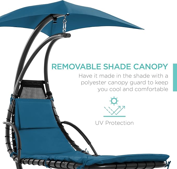 Best Choice Products Outdoor Hanging Curved Steel Chaise Lounge Chair Swing w/Built-in Pillow and Removable Canopy - Peacock Blue