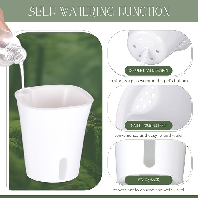10 Pcs 3 Inch Self Watering Pots Self Watering Planters for Indoor Planters Plastic Garden Flower Pots with Level Indicator Vents for Herbs
