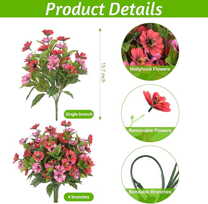 Fake Artificial Flowers for Outdoors Decoration,4 Bundles Silk Faux Spring Flowers with Plants Leave UV Resistant for Planter Front Door Porch Yard Patio Window Box Home Indoor Decor