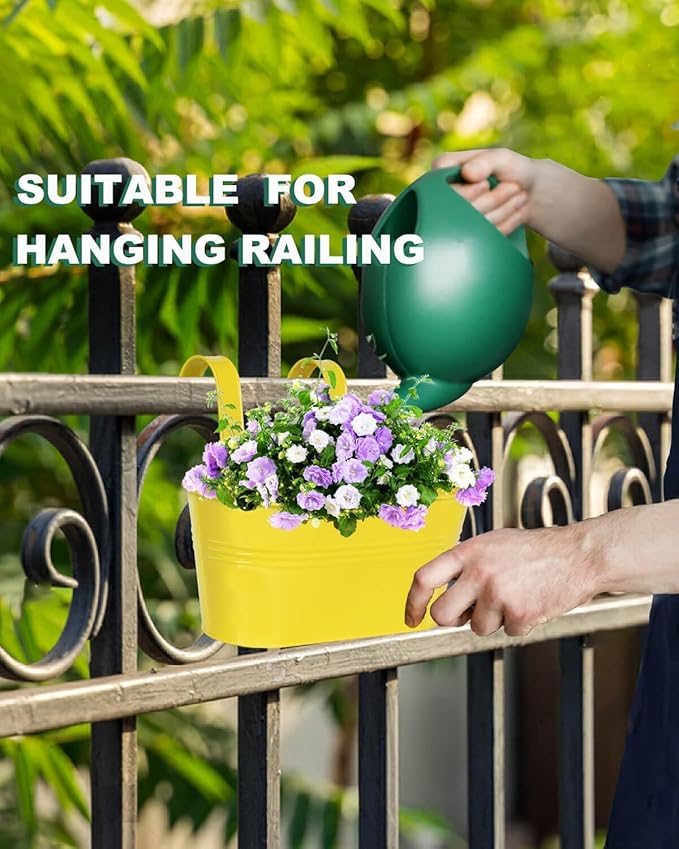 Metal Railing Planter for Outdoor Plants - 3 Pack Balcony Hanging Planter Box with Detachable Hooks and Drain Holes Oval Hanging Pots Fence Planters for Railing Garden Fence, Green Yellow Blue