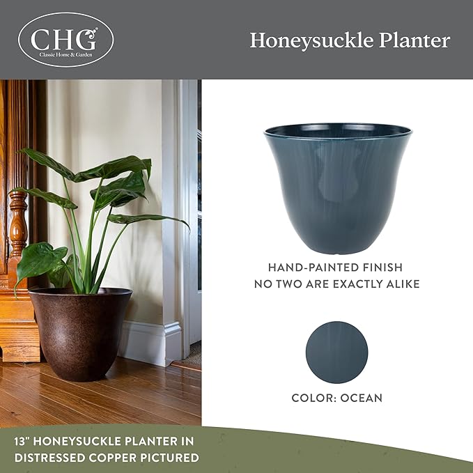 Classic Home and Garden Honeysuckle Resin Planters - Lightweight Indoor & Outdoor Plant Pots - UV-Resistant Plastic Flower Pots - Pot Planters for Flowers & Herbs (15" Ocean Blue)