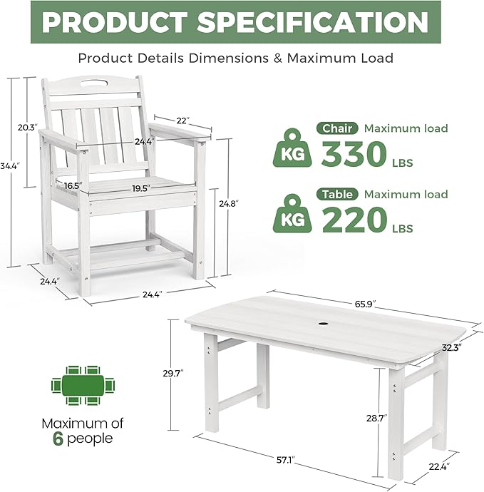 HDPE Outdoor Patio Dining Set with Table & 4 Chairs, All-Weather 5-Piece Outdoor Table and Chairs, 2" Umbrella Hole, Patio Furniture for Garden, Backyard, Deck | White