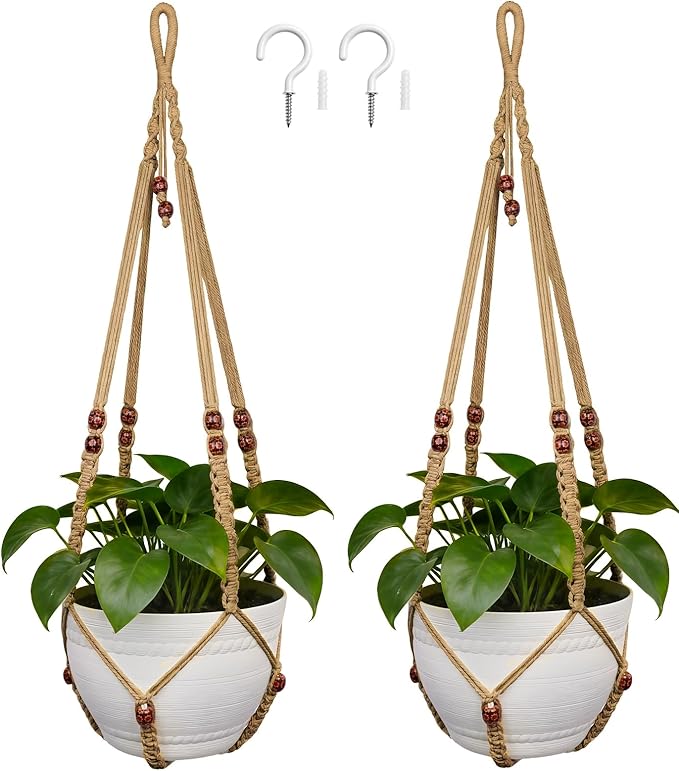 35 Inch Macrame Plant Hanger, Large for up to 15 Inch Pot Extra Long Hanging Planter Holder Basket with Wood Beads for Indoor Outdoor Home Decor (Brown, 2-Pack)