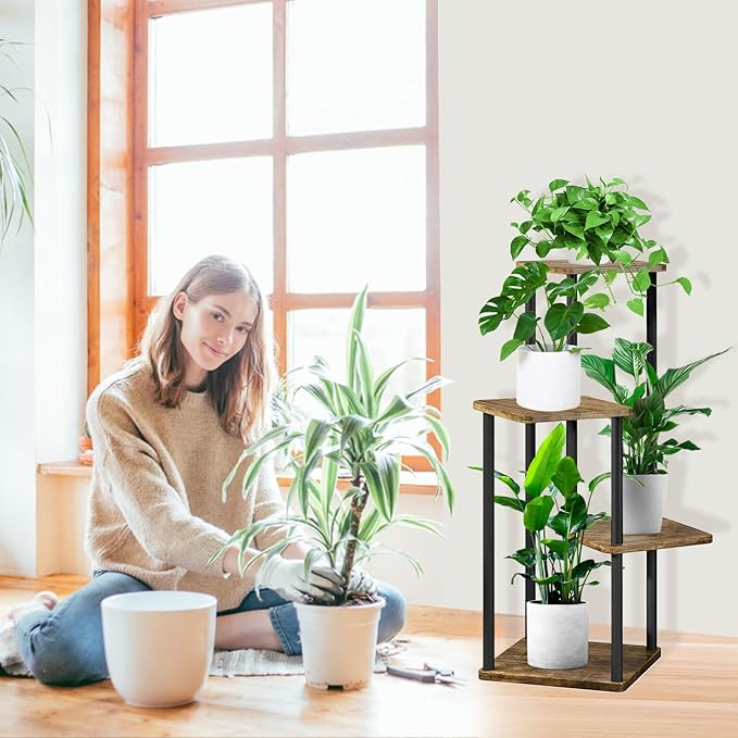 4 Tier Plant Stand Indoor, Thickened Metal Wood Corner Plant Shelf Stands for Multiple Plants, Indoor Tall Plants Stand Tiered Flower Holder for Living Room Patio Garden Balcony(Black+Brown)